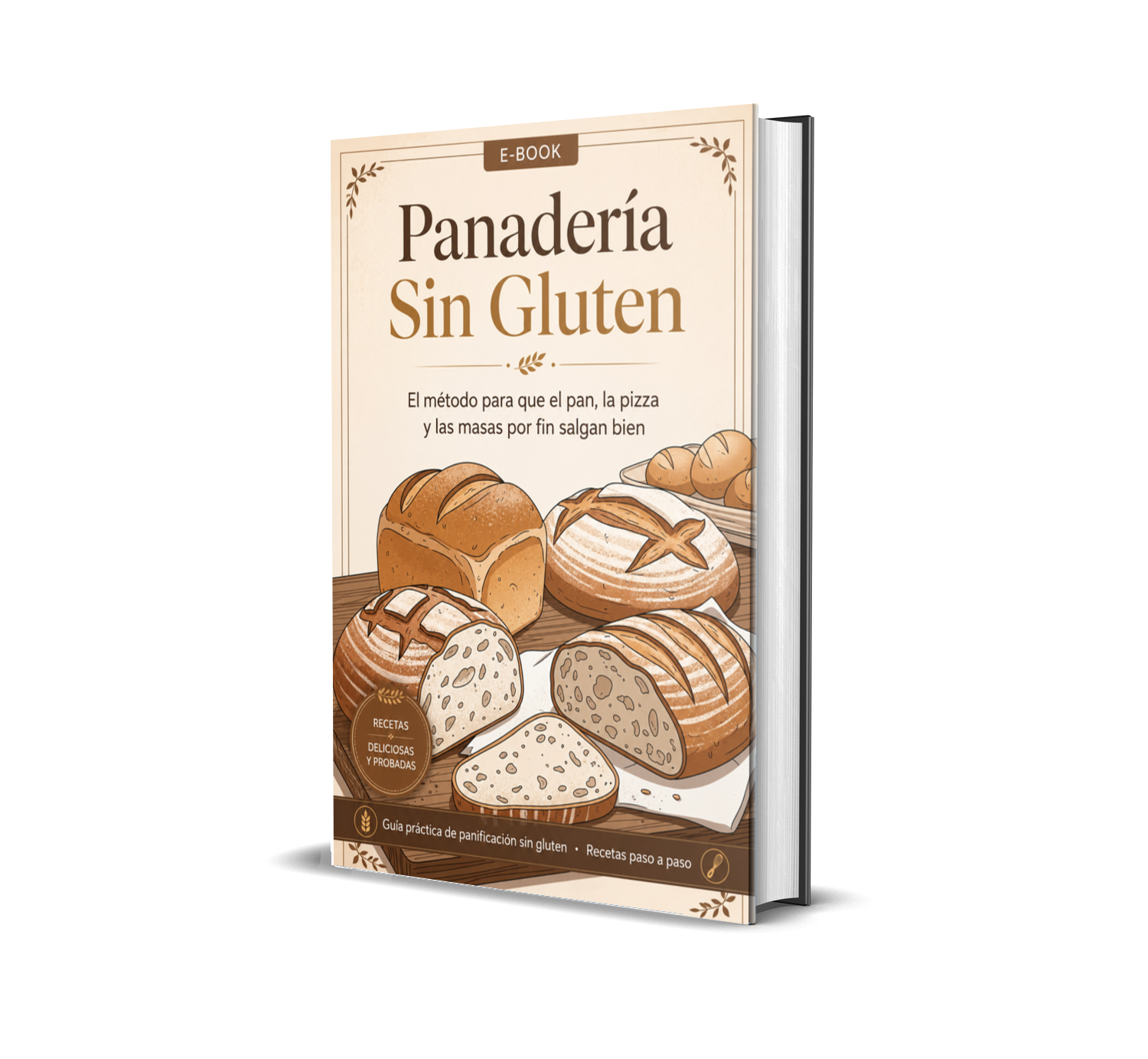 Portada del ebook Panadería Sin Gluten con panes artesanales sobre mesa de madera