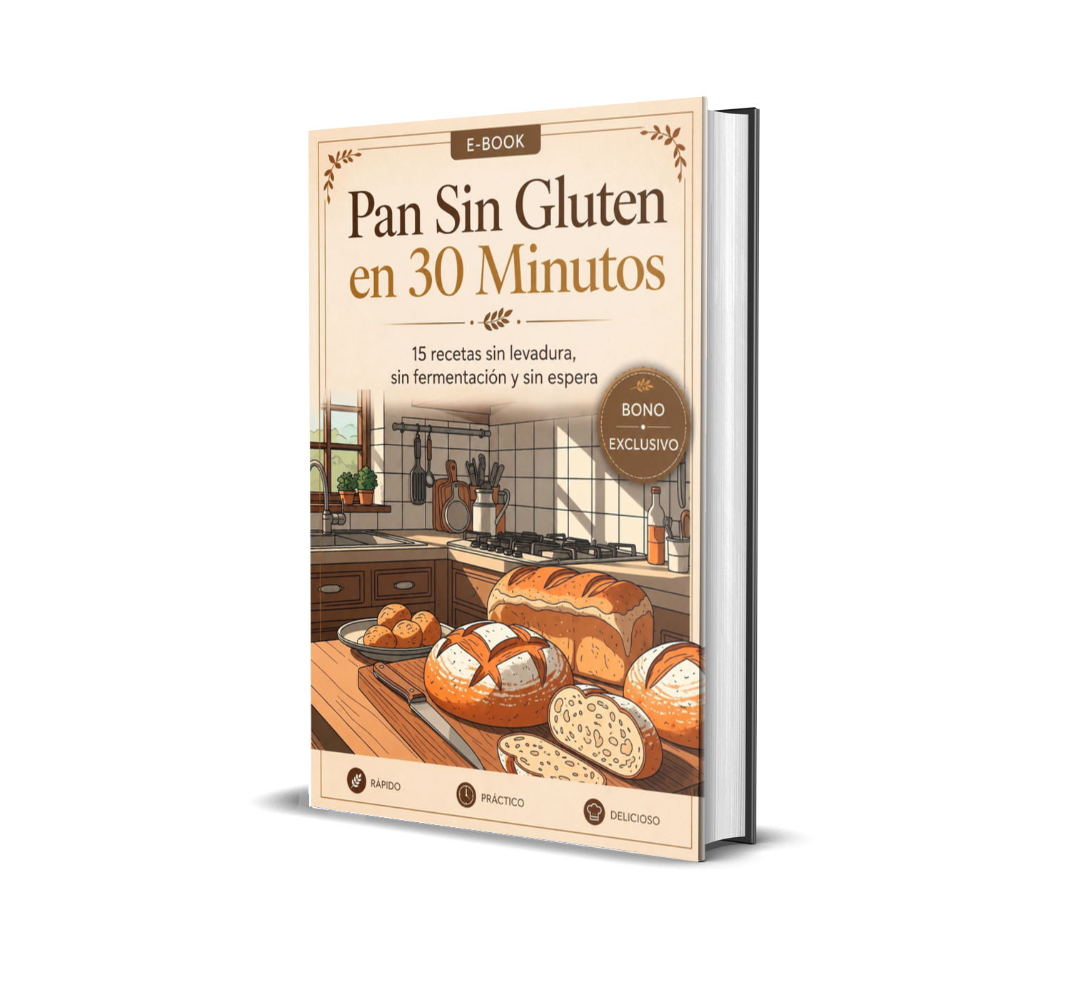 Portada del bono Pan Sin Gluten en 30 Minutos: 15 recetas sin levadura en una cocina acogedora